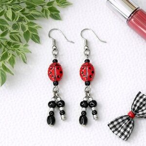 Vintage Whimsical Red Ladybug Beaded Drop Earrings